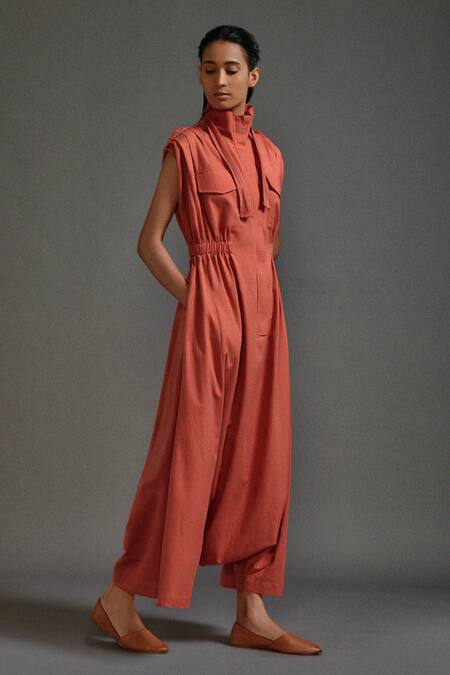 Mati_Orange Cotton High Neck Collar Cowl Jumpsuit _at_Aza_Fashions