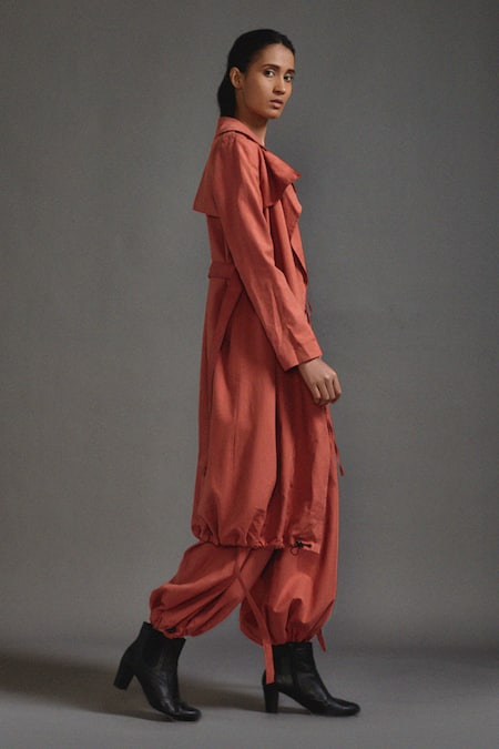 MATI_Orange Cotton Collared Longline Textured Jacket _Online_at_Aza_Fashions