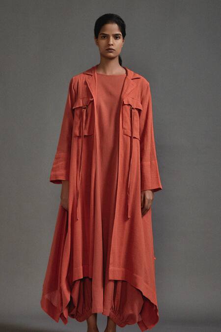 Shop_Mati_Orange Cotton Collared Side Cowl Dress With Jacket _Online_at_Aza_Fashions