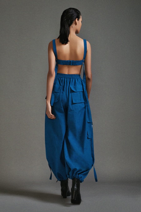 Shop_MATI_Blue Cotton Plain Baggy Cargo Pant _at_Aza_Fashions