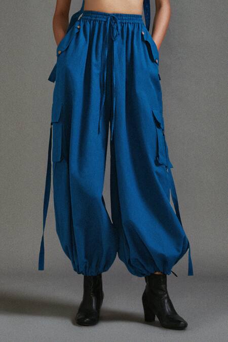 MATI_Blue Cotton Plain Baggy Cargo Pant _Online_at_Aza_Fashions