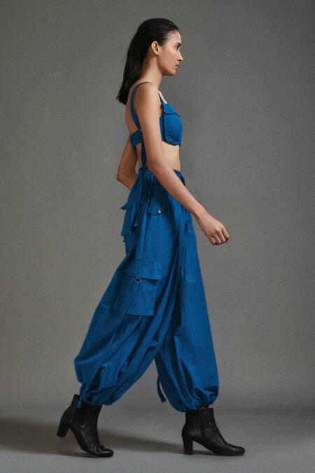 Shop_MATI_Blue Cotton Plain Baggy Cargo Pant _Online_at_Aza_Fashions