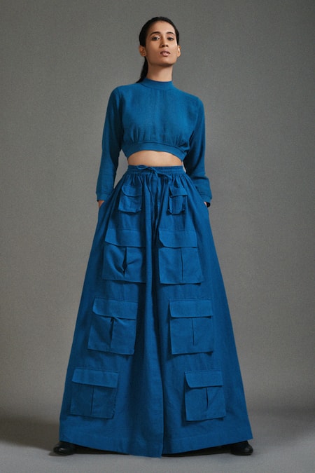 Buy_MATI_Blue Cotton Plain Cargo Long Skirt _Online_at_Aza_Fashions