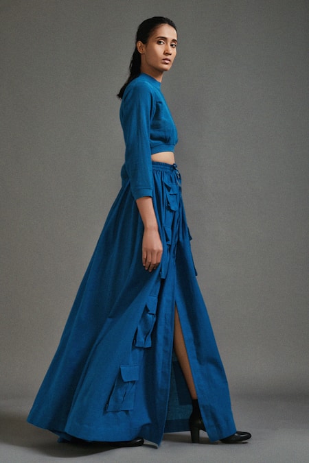 Shop_MATI_Blue Cotton Plain Cargo Long Skirt _Online_at_Aza_Fashions