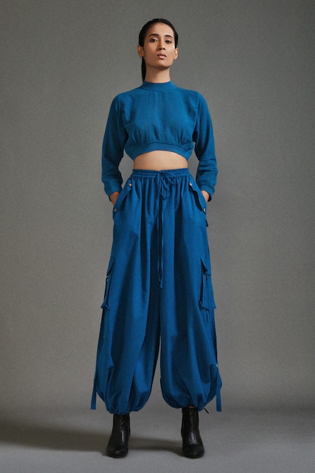 MATI_1_Blue Cotton High Neck Ribbed Waist Crop Top With Baggy Cargo Pant _Online_at_Aza_Fashions