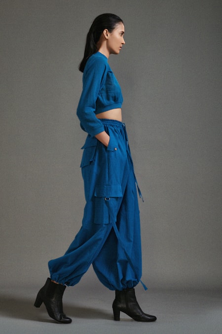 MATI_1_Blue Cotton High Neck Ribbed Waist Crop Top With Baggy Cargo Pant _at_Aza_Fashions