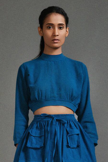 Buy_MATI_1_Blue Cotton High Neck Ribbed Waist Crop Top With Cargo Skirt _Online_at_Aza_Fashions