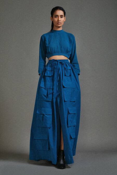 Shop_MATI_1_Blue Cotton High Neck Ribbed Waist Crop Top With Cargo Skirt _Online_at_Aza_Fashions
