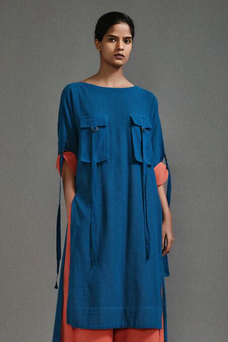 Buy MATI_1 Blue Cotton Boat Neck Safari Pocket Asymmetric Tunic With Flared Pant Online at Aza Fashions Buy_MATI_1_Blue Cotton Boat Neck Safari Pocket Asymmetric Tunic With Flared Pant _Online_at_Aza_Fashions