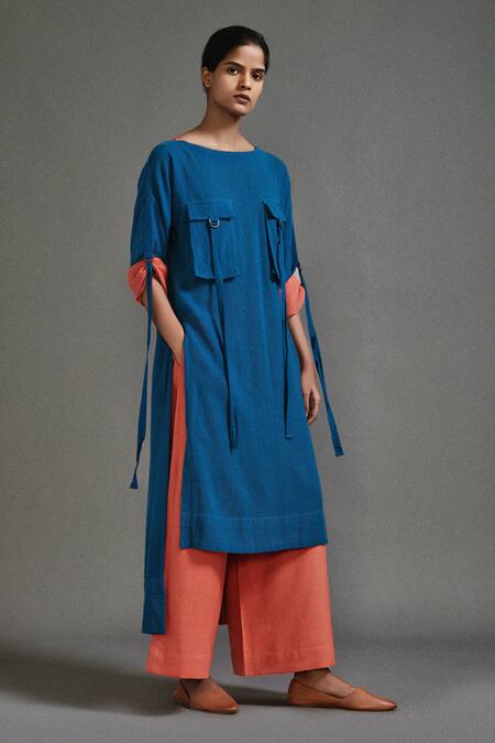 Shop MATI_1 Blue Cotton Boat Neck Safari Pocket Asymmetric Tunic With Flared Pant Online at Aza Fashions Shop_MATI_1_Blue Cotton Boat Neck Safari Pocket Asymmetric Tunic With Flared Pant _Online_at_Aza_Fashions