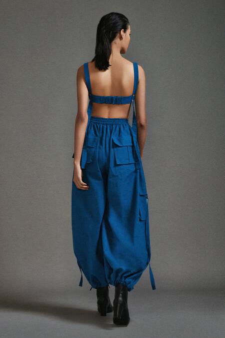Shop_MATI_Blue Cotton Square Neck Pocket Corset Crop Top _at_Aza_Fashions