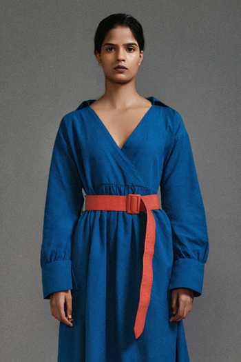 MATI_Blue Cotton V-neck, Collared Wide V Midi Dress With Contrast Belt _Online_at_Aza_Fashions