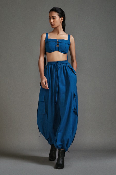 Shop_MATI_1_Blue Cotton Square Neck Pocket Corset Crop Top With Baggy Cargo Pant _Online_at_Aza_Fashions