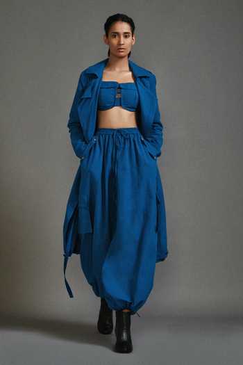 Buy_MATI_Blue Cotton Square Neck, Collared Safari Cargo Trench Jacket Pant Set _Online_at_Aza_Fashions