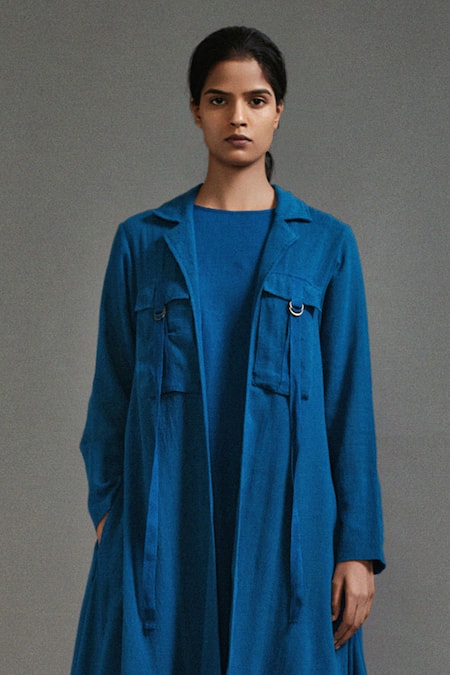 MATI_Blue Cotton Collared Safari Koza Long Asymmetric Jacket _Online_at_Aza_Fashions
