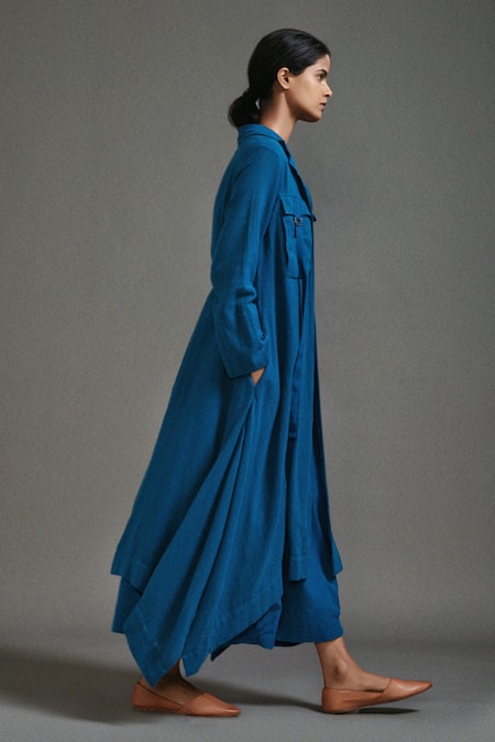 Buy_MATI_Blue Cotton Collared Safari Koza Long Asymmetric Jacket _Online_at_Aza_Fashions