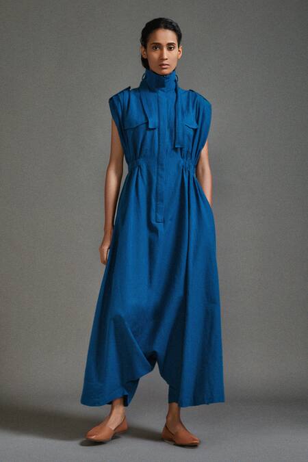 Mati_Blue Cotton High Neck Safari Pocket Jumpsuit _Online_at_Aza_Fashions