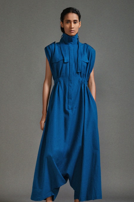 Buy_Mati_Blue Cotton High Neck Safari Pocket Jumpsuit _Online_at_Aza_Fashions