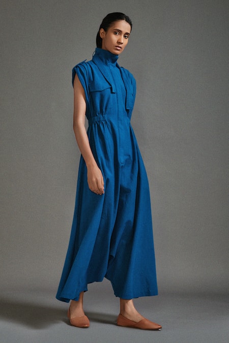 Shop_Mati_Blue Cotton High Neck Safari Pocket Jumpsuit _Online_at_Aza_Fashions