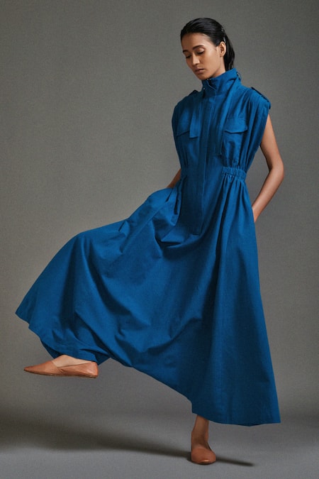 Mati_Blue Cotton High Neck Safari Pocket Jumpsuit _at_Aza_Fashions