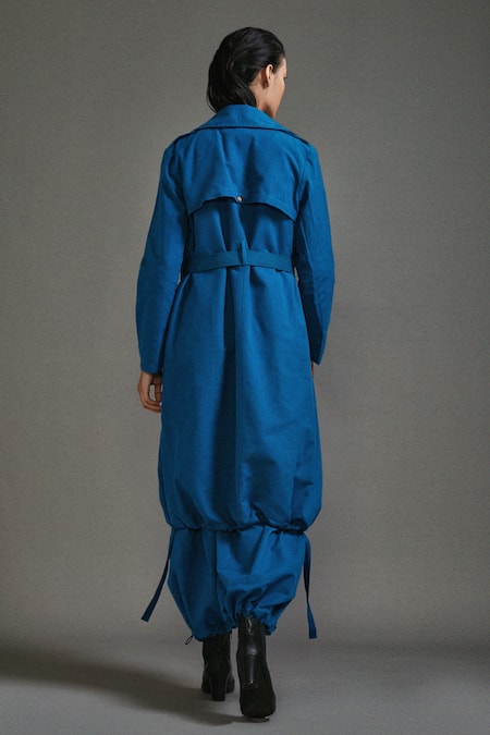 Shop MATI Blue Cotton Collared Safari Lapel Trench Jacket at Aza Fashions Shop_MATI_Blue Cotton Collared Safari Lapel Trench Jacket _at_Aza_Fashions