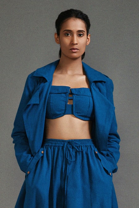 Buy MATI Blue Cotton Collared Safari Lapel Trench Jacket Online at Aza Fashions Buy_MATI_Blue Cotton Collared Safari Lapel Trench Jacket _Online_at_Aza_Fashions