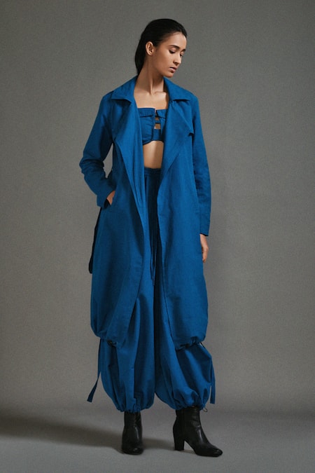 Shop MATI Blue Cotton Collared Safari Lapel Trench Jacket Online at Aza Fashions Shop_MATI_Blue Cotton Collared Safari Lapel Trench Jacket _Online_at_Aza_Fashions