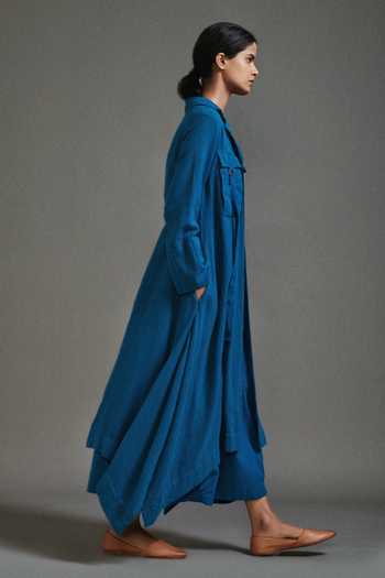 MATI Blue Cotton Boat Neck, Safari Koza Asymmetric Jacket With Side Cowl Draped Dress Online at Aza Fashions MATI_Blue Cotton Boat Neck, Safari Koza Asymmetric Jacket With Side Cowl Draped Dress _Online_at_Aza_Fashions