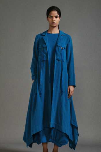 Buy MATI Blue Cotton Boat Neck, Safari Koza Asymmetric Jacket With Side Cowl Draped Dress Online at Aza Fashions Buy_MATI_Blue Cotton Boat Neck, Safari Koza Asymmetric Jacket With Side Cowl Draped Dress _Online_at_Aza_Fashions