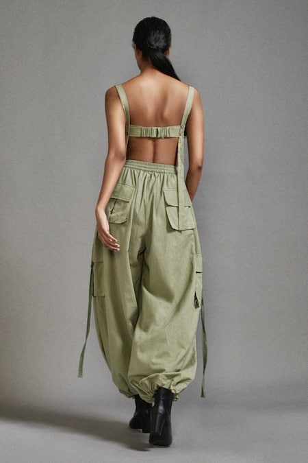Shop_Mati_Green Cotton Baggy Cargo Pant With Safari Pockets _at_Aza_Fashions