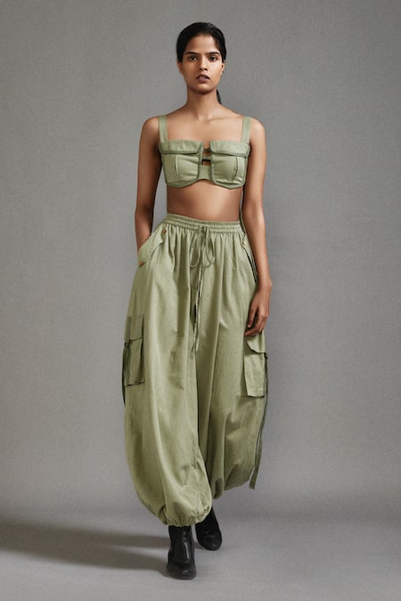 Buy_Mati_Green Cotton Baggy Cargo Pant With Safari Pockets _Online_at_Aza_Fashions