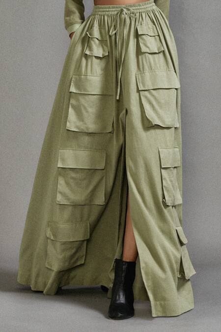 Shop_Mati_Green Cotton Safari Pocket Cargo Maxi Skirt _Online_at_Aza_Fashions