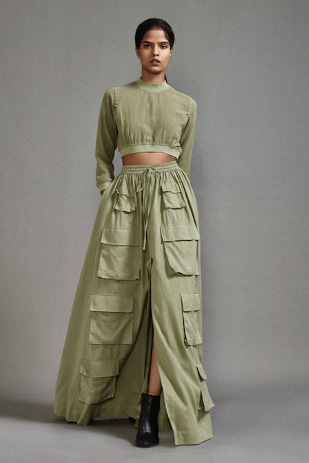 Mati_Green Cotton Safari Pocket Cargo Maxi Skirt _at_Aza_Fashions