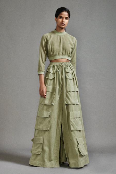 Buy MATI Green Cotton High Neck Crop Top With Cargo Skirt Online at Aza Fashions Buy_MATI_Green Cotton High Neck Crop Top With Cargo Skirt _Online_at_Aza_Fashions