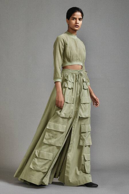 Shop MATI Green Cotton High Neck Crop Top With Cargo Skirt Online at Aza Fashions Shop_MATI_Green Cotton High Neck Crop Top With Cargo Skirt _Online_at_Aza_Fashions