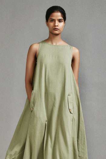 MATI_Green Cotton Boat Neck Variaakar Side Cowl Draped Dress _Online_at_Aza_Fashions