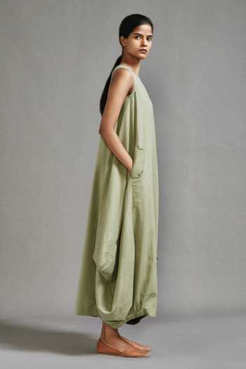 Buy_MATI_Green Cotton Boat Neck Variaakar Side Cowl Draped Dress _Online_at_Aza_Fashions