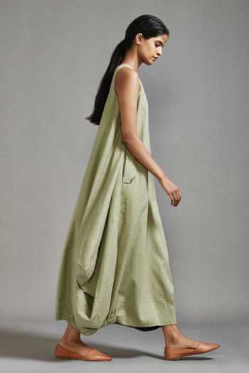 Shop_MATI_Green Cotton Boat Neck Variaakar Side Cowl Draped Dress _Online_at_Aza_Fashions