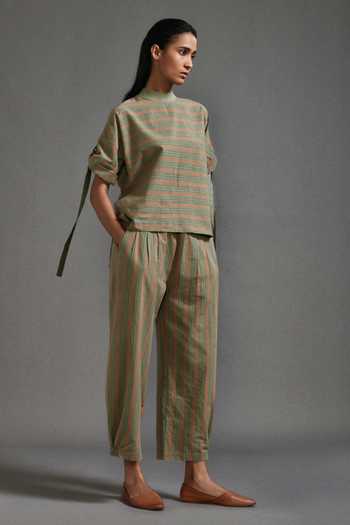 MATI_Green Cotton High Neck Bayadere Striped Low Top With Pant _at_Aza_Fashions