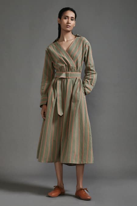 MATI_1_Green Cotton V-neck Bayadere Striped Midi Dress With Belt _Online_at_Aza_Fashions