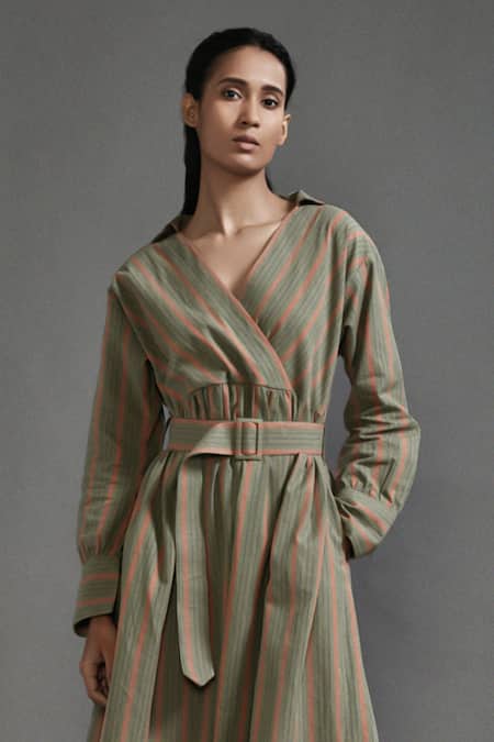 Buy_MATI_1_Green Cotton V-neck Bayadere Striped Midi Dress With Belt _Online_at_Aza_Fashions