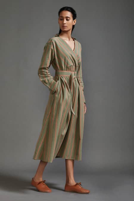 Shop_MATI_1_Green Cotton V-neck Bayadere Striped Midi Dress With Belt _Online_at_Aza_Fashions