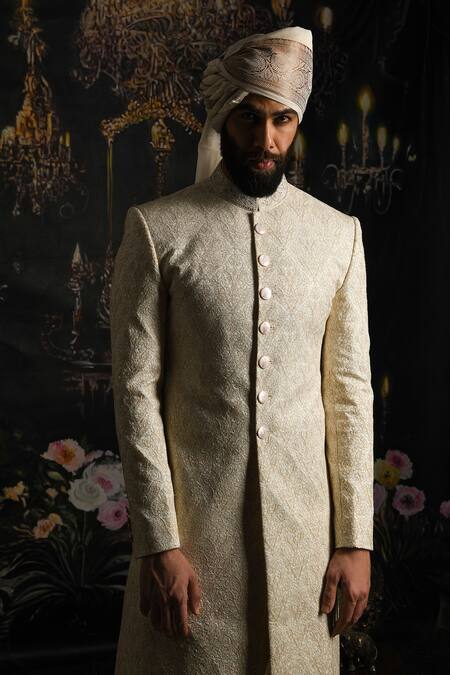 Shop_Punit Arora_Ivory Silk Embroidered Leaves Zari Sherwani Set _Online_at_Aza_Fashions