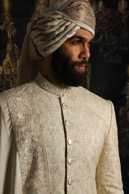 Punit Arora_Ivory Silk Embroidered Leaves Zari Sherwani Set _at_Aza_Fashions