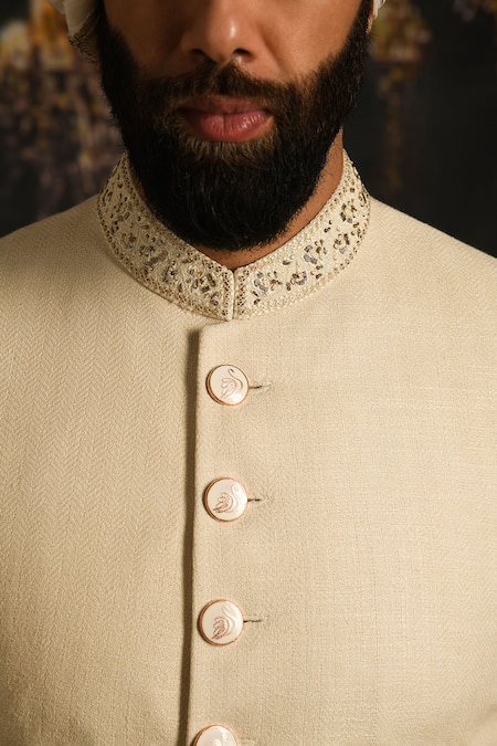 Punit Arora_Ivory Silk Woven Herringbone Sherwani With Kurta Set _Online_at_Aza_Fashions
