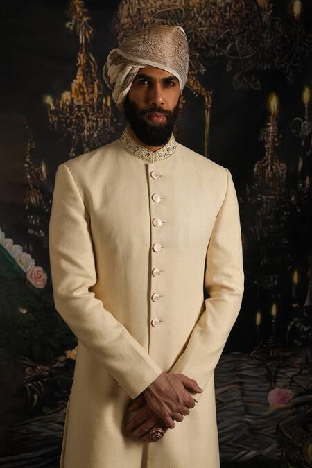 Buy_Punit Arora_Ivory Silk Woven Herringbone Sherwani With Kurta Set _Online_at_Aza_Fashions