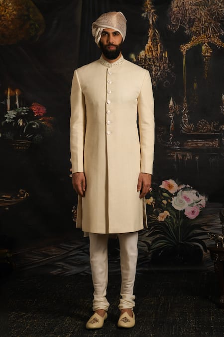 Shop_Punit Arora_Ivory Silk Woven Herringbone Sherwani With Kurta Set _Online_at_Aza_Fashions