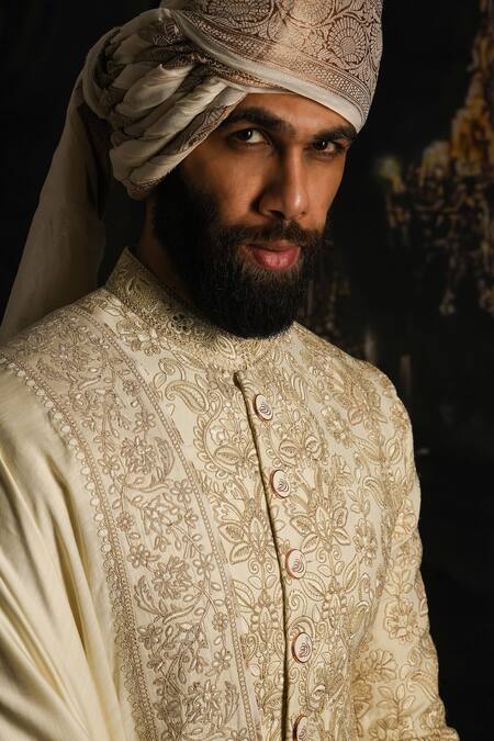 Punit Arora_Cream Silk Woven Floral Banarasi Sherwani With Kurta Set _Online_at_Aza_Fashions