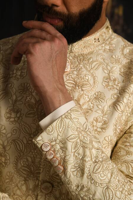 Buy_Punit Arora_Cream Silk Woven Floral Banarasi Sherwani With Kurta Set _Online_at_Aza_Fashions