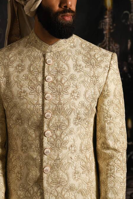 Punit Arora_Cream Silk Woven Floral Banarasi Sherwani With Kurta Set _at_Aza_Fashions
